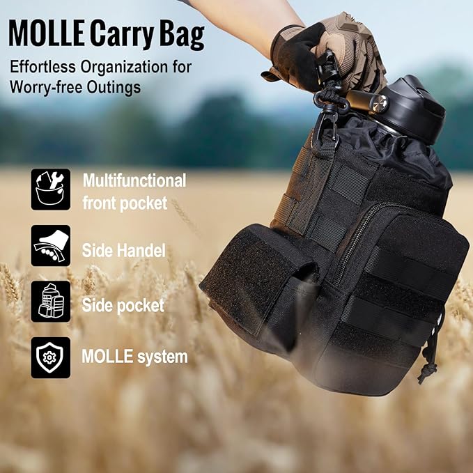 OneTigris Tactical Half Gallon Water Bottle with Straw - 64 oz Vacuum Insulated Stainless Steel Water Jug, Leakproof Sport Bottle with 3 BPA Free Lids, Paracord Handle & MOLLE Water Pouch for Outdoor