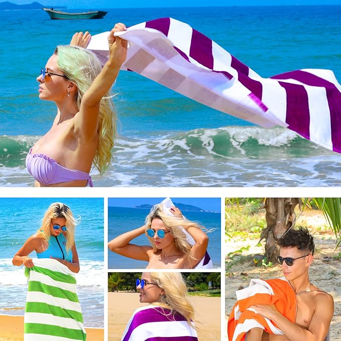 Exclusivo Mezcla 2 Pack Cotton Large 30x60 Inches Cabana Stripe Beach Towels, Super Absorbent Soft Plush Pool Bath Towel (Charcoal Grey)