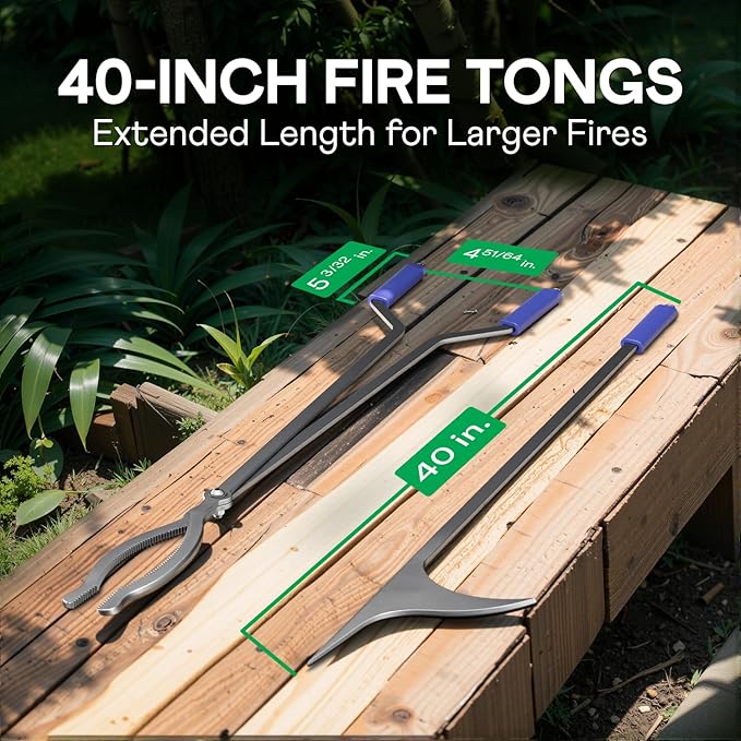 IDZO 40" Fireplace Tongs & Fire Poker, Heavy Duty Steel Fire Tongs, Log Grabber, Firewood Tongs, Fireplace Poker & Fire Pit Tools for Fire Pit, Campfire, Fire Rings, Indoor & Outdoor Use
