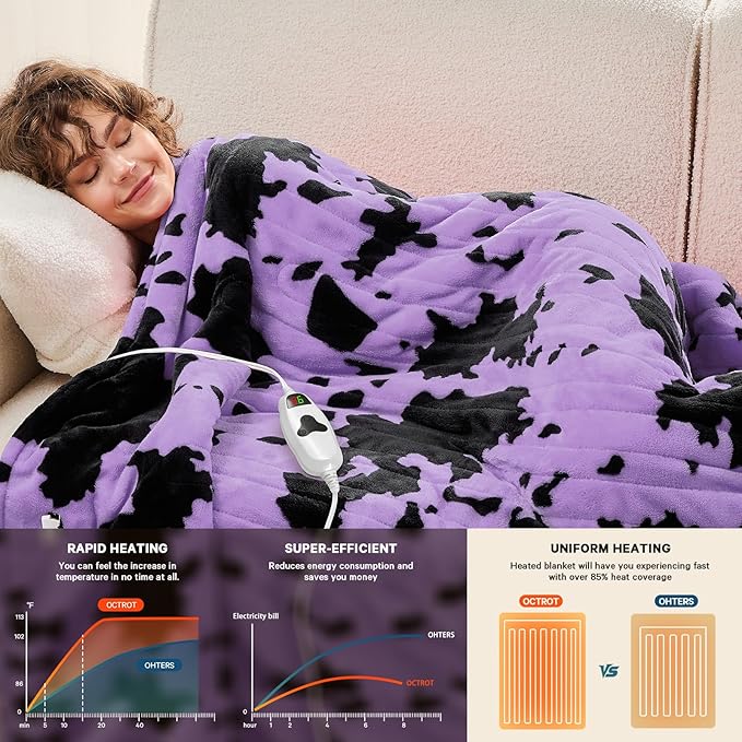 Cow Print Heated Electric Blanket Full Size,72X84 Purple Heating Blanket with 10 Heats Levels & 8 Hours Auto Off,Highland Cow Decor Fleece Sherpa Blankets Warmer Gifts for Women Adults,Washable,ETL