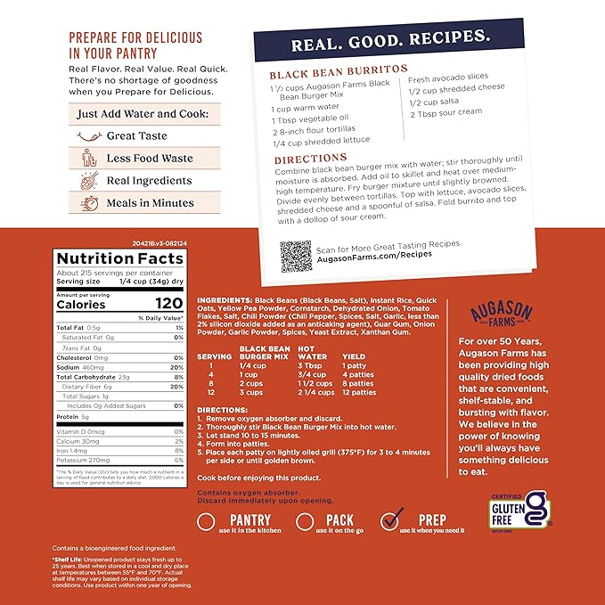 Augason Farms Black Bean Burger Mix 4-Gallon Pail, Certified Gluten Free, Emergency Food Supply, Everyday Meals, 215 Servings