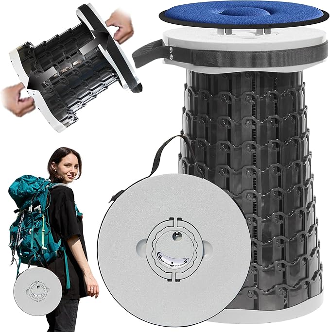 Upgraded XXL Collapsible Stool with Cushion,19.7"H-11.8"D Telescoping Folding Stool for Adults,More Sturdy Portable Camping Stools with Load Capacity 1000lbs for Outdoor,Garden,Fishing,Hiking