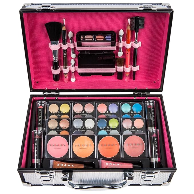 SHANY Carry All Make up Train Case with Pro Makeup Set, Beauty Brushes, Lipsticks, Eye Shadows, Blushes, Powders, and more - Reusable Cosmetics Storage Organizer - Premium Gift Packaging - Silver