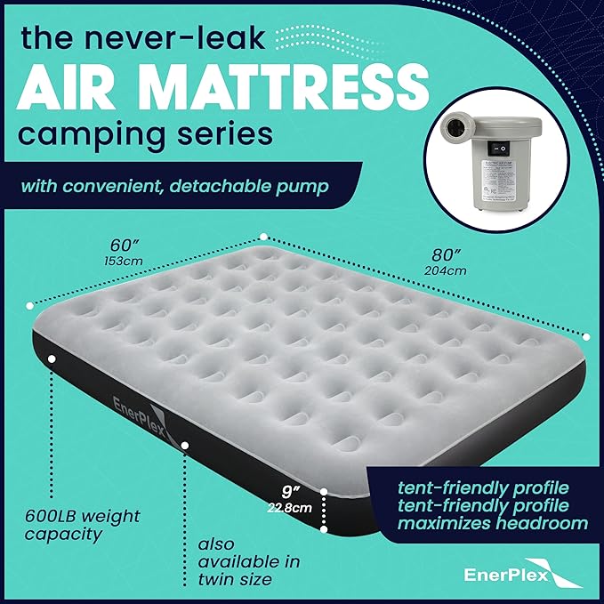 EnerPlex Camping Air Mattress with Built in Pump - Queen Blow Up Mattress for Travel & Guests - Portable Bed for Adults and Kids - Grey