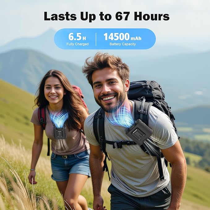 KITWLEMEN 14500mAh Portable Waist Fan - Personal Clip on Belt Fan, 5 Speed 67H Cooling, Rechargeable Battery Operated, Wearable with Lanyard & Light for Camping, Travel, Jobsite (Black)