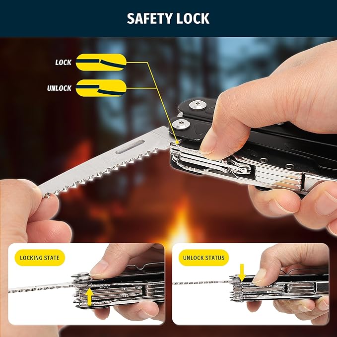 16-in-1 Multitool Pliers, Portable Camping Multi Tool with Safety Lock, Outdoor Survival Gear for Hiking, Hunting, Backpacking