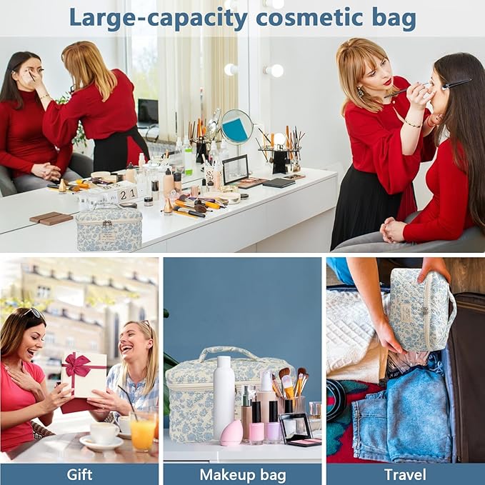 Gosect Large Travel Quilted Makeup Bag for Women,Big Floral Cotton Cosmetic Bag, Cute Coquette Aesthetic Floral Toiletry Organizer Bag (Blue Rose)