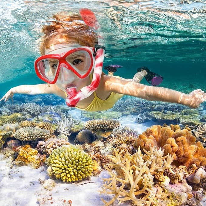 Kids Snorkel Set Dry Top Snorkeling Gear for Kids Youth Boys Girls Junior Age 5-15,Tempered Glass Swimming Diving Mask and Snorkel Set 180 Degree Panoramic View