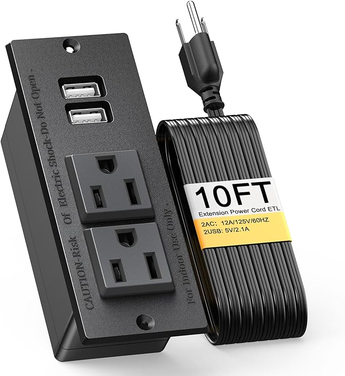 Kungfuking Desktop Power Grommet Conference Recessed Power Strip in Desk Outlet Power Socket 2-Socket &2-USB Ports 9.85 FT Extension Power Cord, ETL Listed