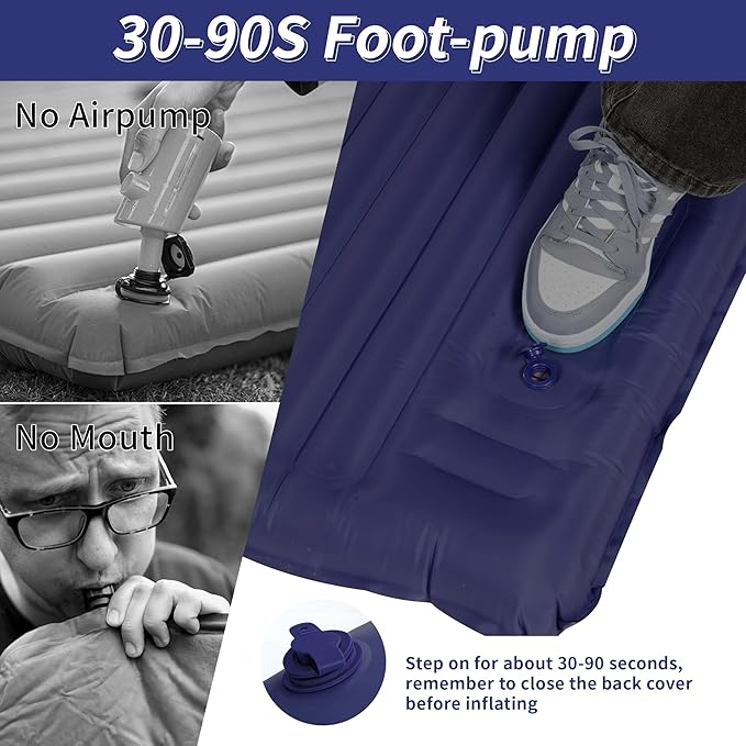 40D Self-Inflating Camping Pad, Insulated Ultralight Sleeping Mat for Backpacking, Winter Camping, 2-Layer Anti-Leak Design w/Built-in Pillow, Foot Pump Foldable Pad, Navy Blue