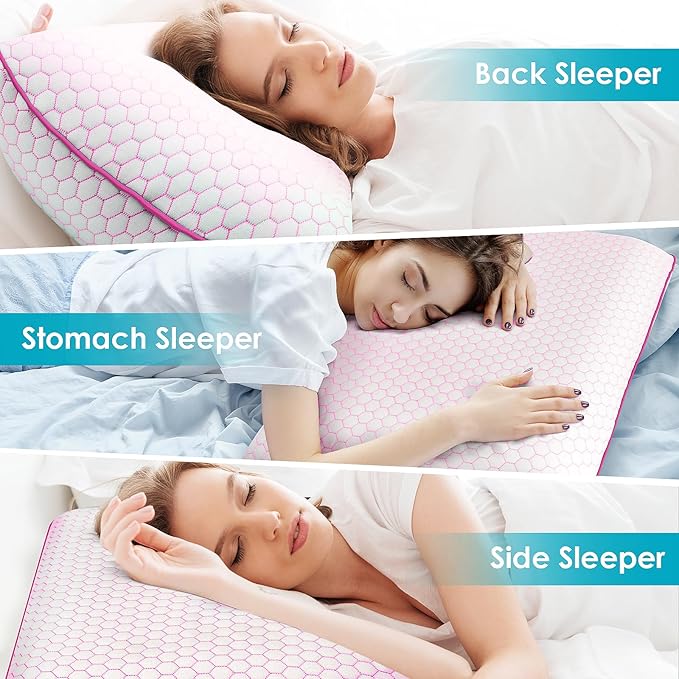Memory Foam Pillows for Side, Back and Stomach Sleepers, Set of 2, Bed Pillow with Washable Cover and Breathable Mesh, Bed Pillow for Sleeping (Pink，King Size)