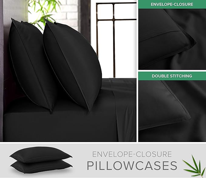 Split King Sheets by Pure Bamboo, Genuine 100% Organic Viscose Derived from Bamboo Bed Sheet Set, Soft & Cooling, Double Stitching *Not for Split Top (Split King, Black)
