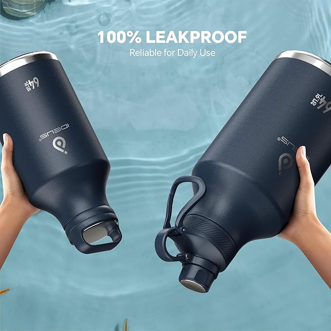 IDEUS Insulated Stainless Steel Water Bottle with 2 Leak-Proof Lids, Thermal Water Flask for Hiking Biking, 64oz, Navy Blue