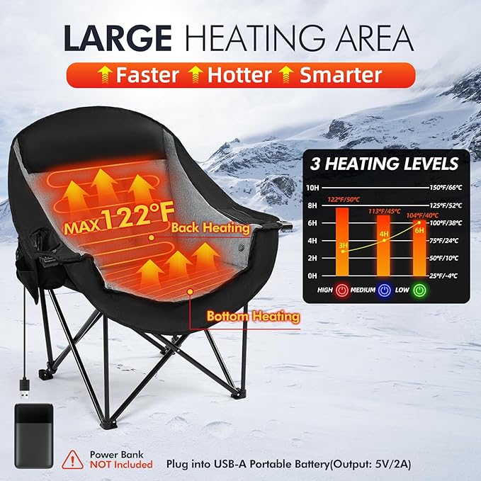 Heated Oversized Camping Chair - Heavy Duty Padded Folding Camping Chairs for Adults with Cooling Bag, Side Pocket, Cup Holder and Carry Bag for Outdoor Sports Lawn Fishing Garden Portable