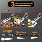 Anaeat Stainless Steel Locking Tong Set of 3 - Premium 7, 9 and 12 inch Kitchen Food Tongs with Non-Slip Silicone Tips and Grip for Serving, Cooking, Baking and BBQ - Heavy Duty & Heat Resistant