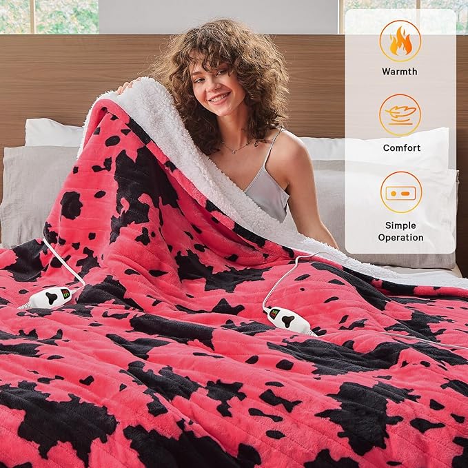 Cow Print Electric Heated Blanket Queen Size,84X90 Pink Heating Blanket Queen With Dual Control&Timer&10 Heat Levels,Highland Cow Decor Fleece Sherpa Blankets Warmer Gifts for Bed Women Adults,ETL
