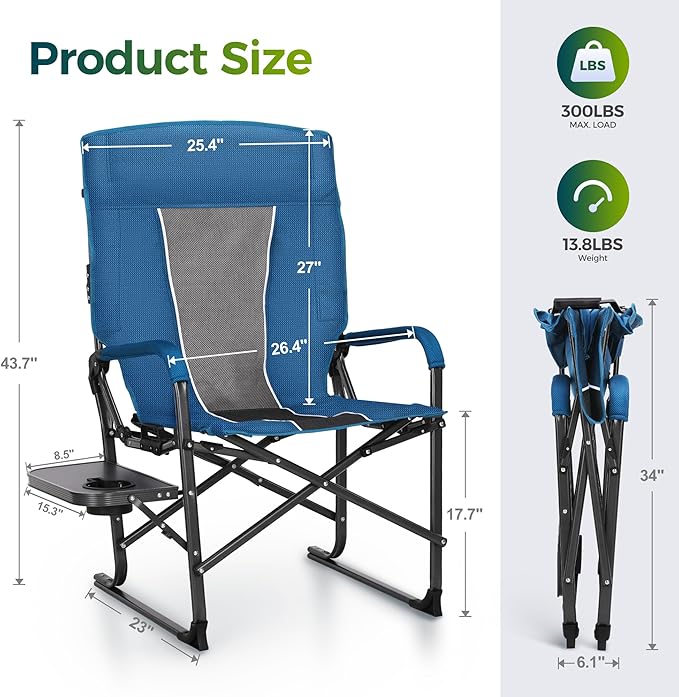 ALPHA CAMP Oversized Folding Camping Chairs High Backrest Reclining Director Heavy Duty Lawn Chairs for Adults Support 300 LBS Fishing Chairs with Large Side Table Cup Holders for Outdoor Fishing