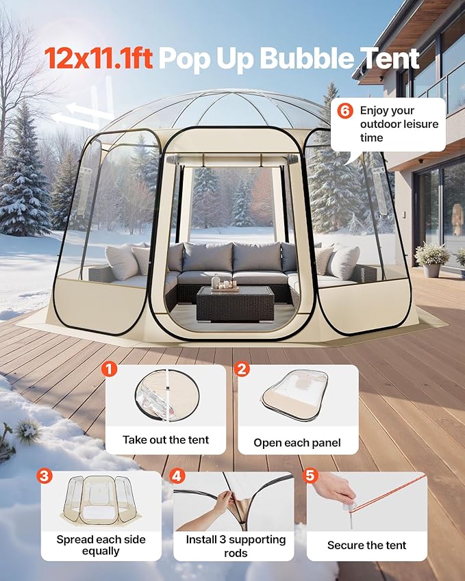 VEVOR Pop up Sports Tent, 8 Sizes Optional Clear Bubble Tent for 1-6 Person, Waterproof Outdoor Pod with Floor Mat & Top Cover, Garden Igloo Dome Tents Camping Shelter for Sports Watching