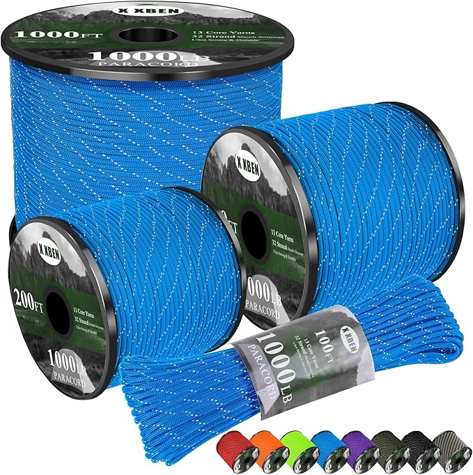 X XBEN Paracord Reflective 1000lb, 50/100/200/500/1000ft 4mm, 13 Strand Parachute Spool Cord, Heavy Duty Paracord Rope for Camping, Fishing, Hiking, Hunting, DIY Crafts, Blue