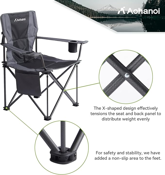 Oversized XL Camping Chairs for Adults, Padded Folding Camp Chair with High Back, Cup Holder & Side Pocket for Outside, Lawn, Beach, Fishing, Sports, Folding Heavy Duty Chairs, Black
