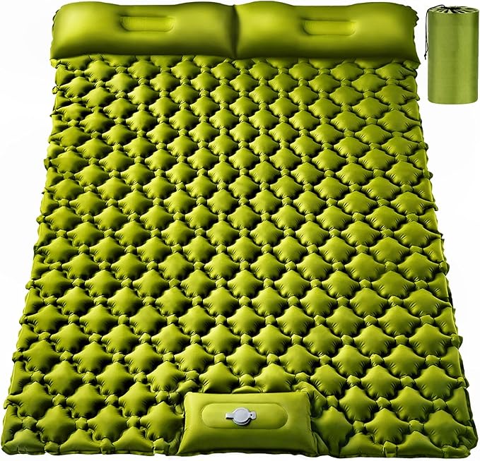 Double Sleeping Pad, Ultralight 4" Extra-Thick Self Inflating Sleeping Mat for 2 Person with Pillow Built-in Foot Pump Portable Camping Mat for Backpacking, Hiking, Traveling, Tent, Camping