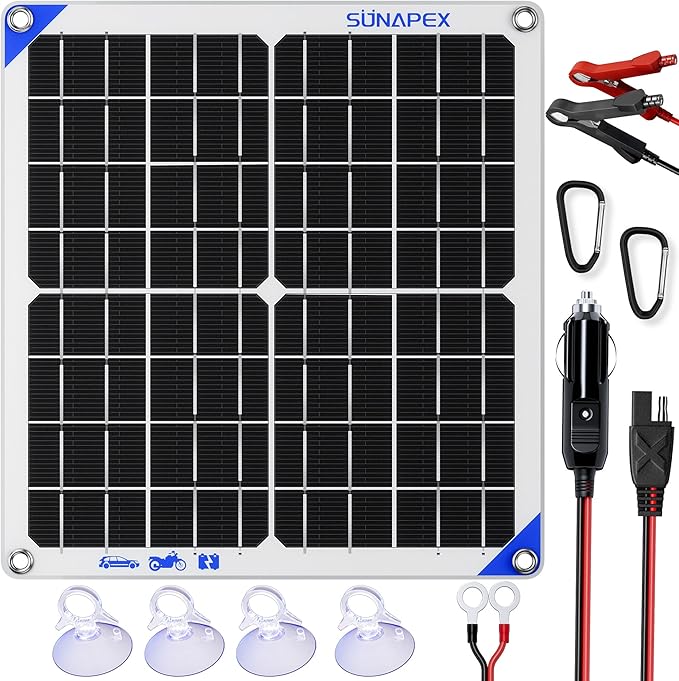 SUNAPEX Solar Battery Charger Maintainer, 20W 12V Portable Waterproof Solar Panel Trickle Charger with Built-in Charge Controller, Cig Plug, Alligator Clips, O-Rings for Car, Truck,Tractor, Boat, etc