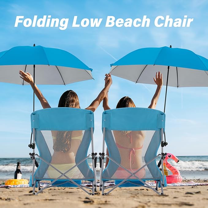 Homcosan Portable Low Folding Beach Chairs Set of 2 with Detachable Umbrellas - Lightweight Camping Chairs for Adults with Cup Holder & Storage Pockets, Carry Bag Included (Blue)
