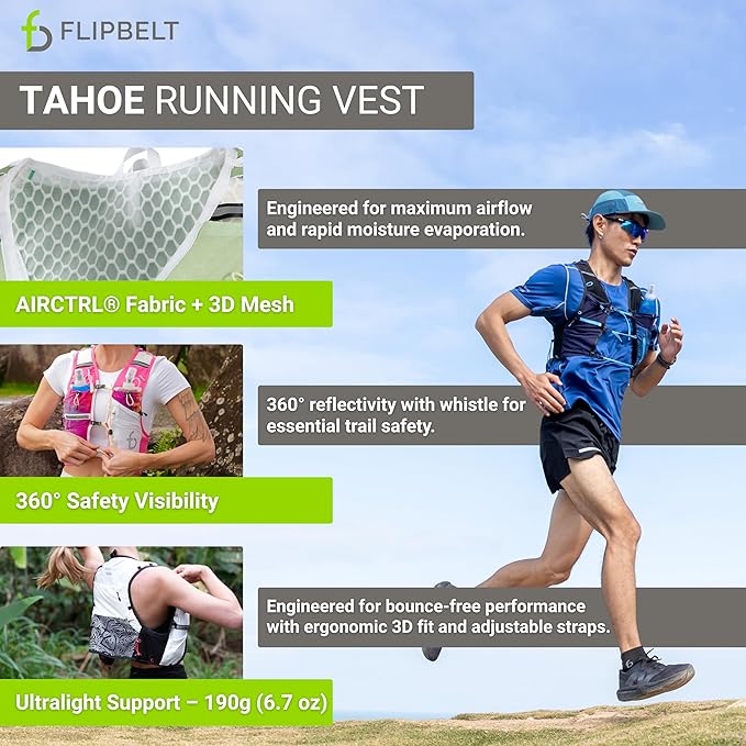 FlipBelt Tahoe Hydration Vest – Ultralight Running Vest for Men & Women – Includes Two 500ml Soft Flasks – Trail, Marathon, and Long-Distance Race Pack