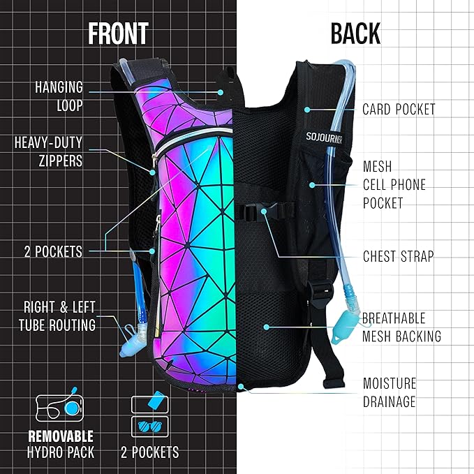 Sojourner Rave Hydration Pack - Hydration Backpack - Hydropack with 2L Bladder - Water Backpack for Festivals, Hiking, Running, Biking and More