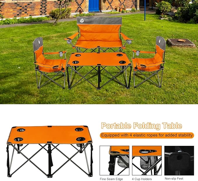 Northroad Folding Camping Chair Set of 4, Portable Collapsible Conversation Set w/1 Sofa, 2 Single Chairs, 1 Table for Family Patio, Outdoor Travel, Beach(Orange)