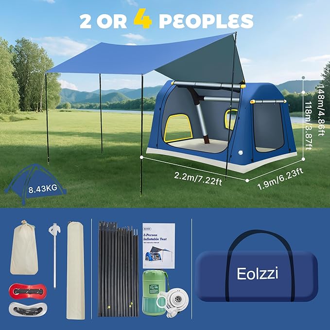 2-4 Person Inflatable Camping Tent | 60 Second Setup | 4 Season Waterproof (PU3000 Oxford) | All Weather Tent for Romantic Dates, Fall/Winter Camping, Hunting & Fishing