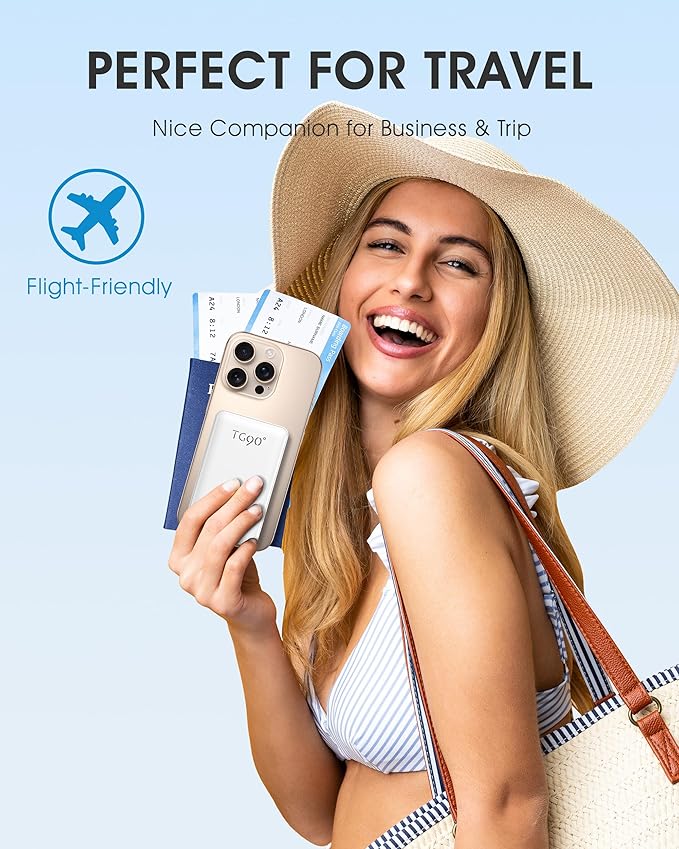 TG90° Portable Charger with AC Plug and Cables,5000mAh Slim Power Bank USB C Battery Pack,3 Outputs USB-C Fast Charging, Pocket Friendly Battery Travel Charger Compatible with iPhone Android Devices