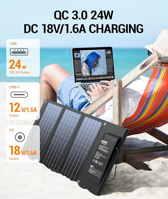 BLAVOR 30W Solar Charger USB-A QC3.0 24W USB-C DC 30W Outputs, Foldable Solar Panel for Camping, IPX4 Waterproof, Solar Battery Charger Compatible with Solar Generators, Phones, Tablets