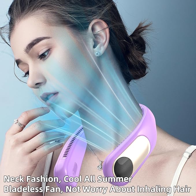 Portable Neck Fan,Personal Wearable Bladeless Fan,LED Display,4-Speeds,6000mAh USB Rechargeable,360° Strong Cooling Wind,Hands Free,Long Lasting,Birthday Gifts for Men Women Dad Mom (Purple)