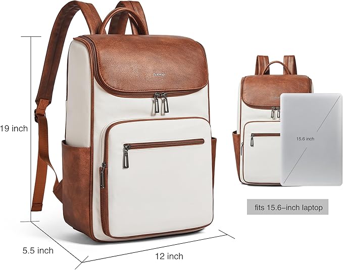 Leather Backpack for Women, Fits 17 Inch Laptop in Main Compartment, Dedicated 15.6 Inch Padded Sleeve, Large Vegan Leather Travel Computer Bag with Luggage Strap for Business and Work, Beige