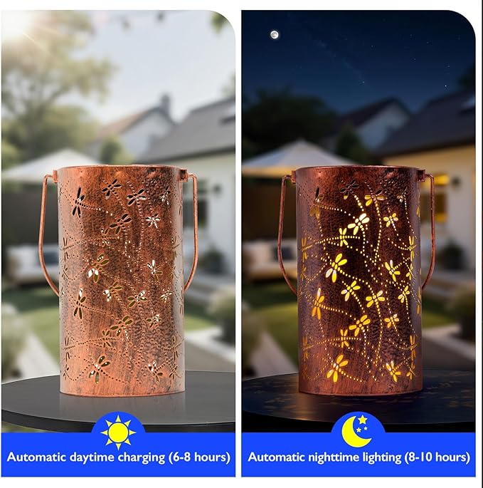 Homemory Dragonflies Solar Lanterns Lights Outdoor Waterproof, Hollowed-Out Metal Decor Lantern, Gifts for Women, LED Solar Lights Metal Decoration Outside for Yard, Patio, Backyard, Porch, Lawn
