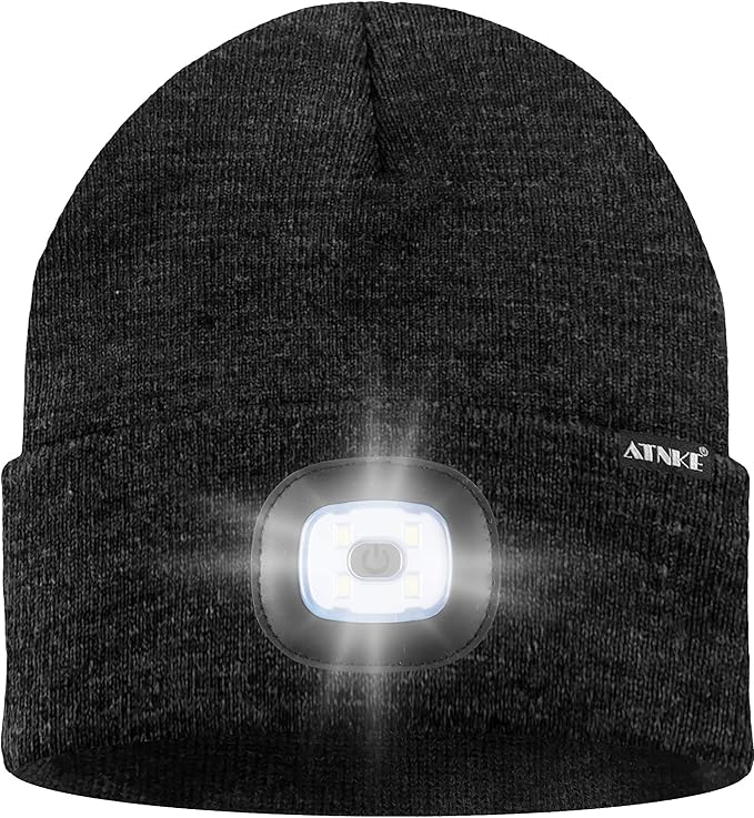 ATNKE LED Lighted Beanie Hat,USB Rechargeable 4 LED Running Headlamp Bright Cap with The Light Gifts for Men and Women