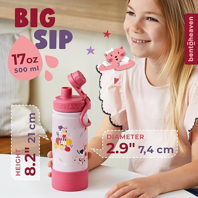 Bentoheaven Kids Water Bottle Stainless Steel for Boys & Girls, 2 Lids (Chug & Straw), Handle & Silicone Boot, Reusable Metal Leak-proof Insulated Tumbler, School & Sports 17oz (Pink)