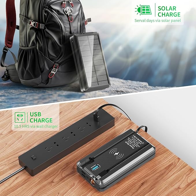 Solar Power Bank Portable Charger 52800mAh 5V/3A Fast Charging Battery Pack with Built in 4 Cables 2 Outputs & LED Flashlight for All Mobile Devices Camping Traver Outdoor