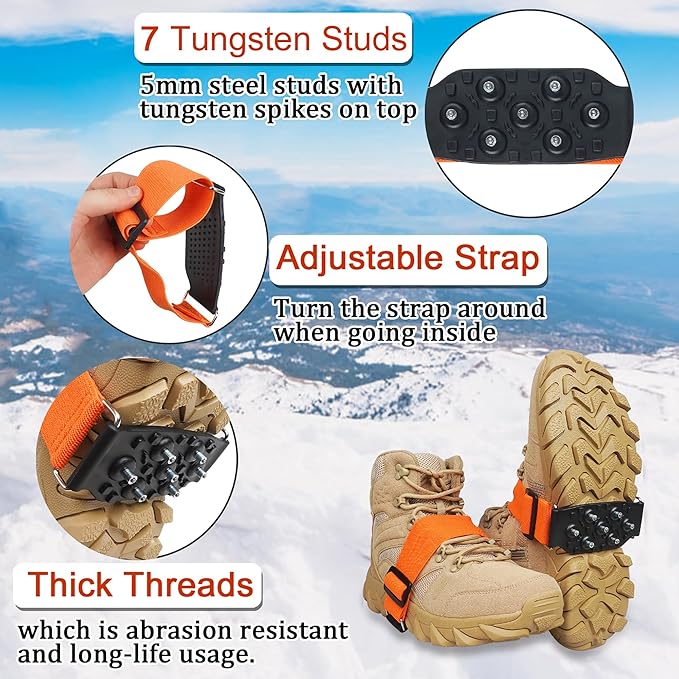 Ice Cleats Snow Traction Cleats for Boots and Shoes Mid-Sole Non Slip Crampons with Adjustable Straps 7 Tungsten Studs for Secure Grips Rotatable Traction Aids Walking on Snow and Ice