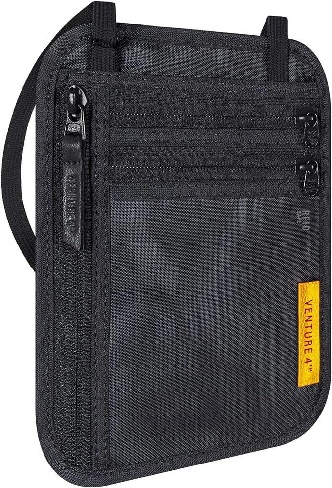 VENTURE 4TH Slim Passport Holder Neck Pouch with RFID Blocking Travel Neck Wallet and Nylon Lining (Black)