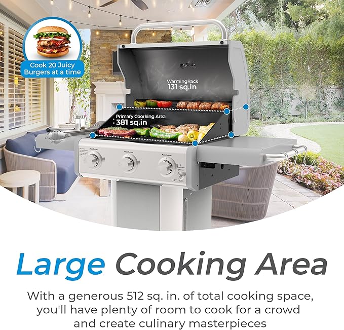 Kenmore 3-Burner Propane BBQ Grill, 30,000 BTUs Gas Grill with Cast Iron Cooking Grates, Folding Side Tables & Wheels, Outdoor Grill with Tool Hooks, Pearl White + Bonus Cover
