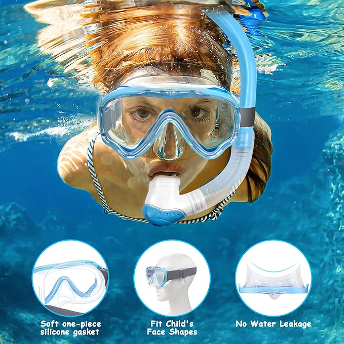 Vvinca Snorkeling Gear for Kids Dry Top Kids Snorkel Set for Boys Girls Junior Youth Children Age 4-14 Swim Goggles with Nose Cover Anti-Fog Panoramic View Adjustable Elastic Diving Mask and Snorkel