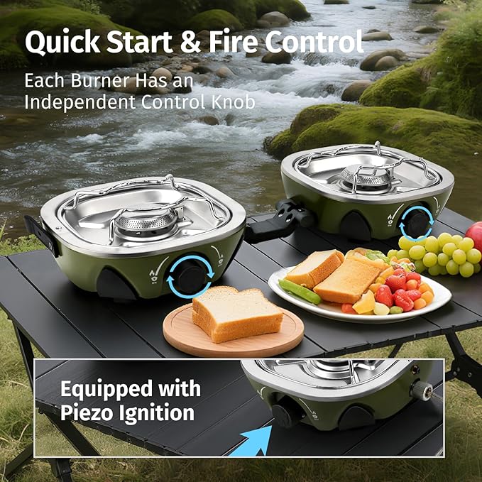 Propane Camping Stove 20,000 BTU - Portable 2 Burner Gas Stove with Adjustable Flame Control, Piezo Ignition, Carry Bag & Propane Adapter Hose, Folding Design for Camp, BBQ, Tailgating, Green