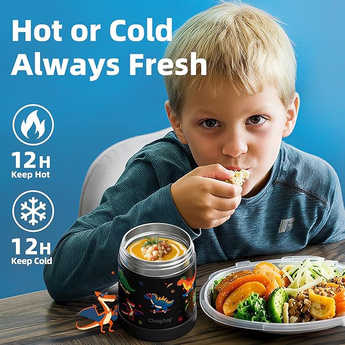 15 oz Soup Thermo for Hot Food Kids Insulated Food Jar with Spoon, Lunch Thermo Container, Width Mouth Vacuum Stainless Steel Food Thermo for School Travel, Leakproof, Easy to Open(Black)