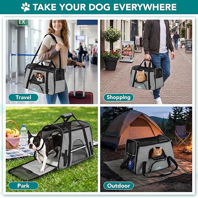 PetAmi Airline Approved Pet Carrier for Cats & Small Dogs, Soft Sided TSA Travel Carrier Bag Sherpa Bed, Breathable Mesh Ventilation, Collapsible Bowl, Fit Under Seat, Up to 18 lbs, Large Heather Gray