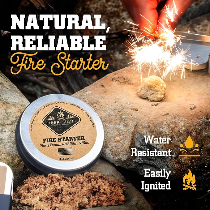 Fire Starter Natural Wood Fiber Tinder, Water Resistant, Survival Kit Camping Kit in Waterproof Tin