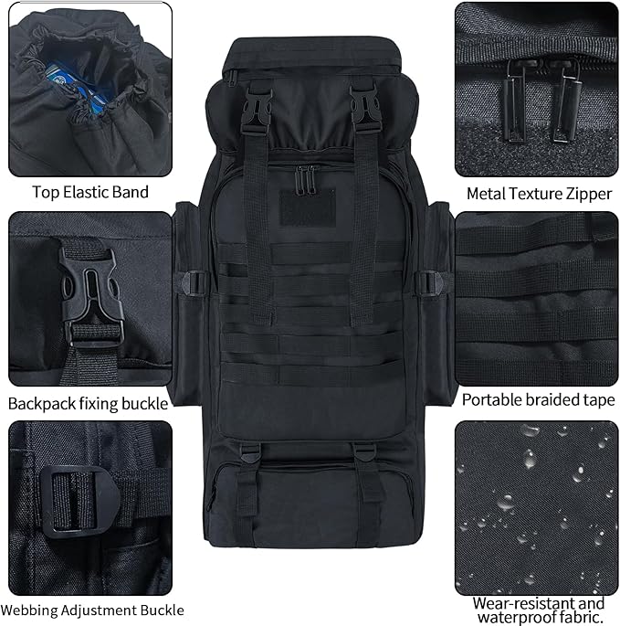 80L Hiking Backpack Camping Travel Daypack Waterproof Adjustable Extra Large Backpack Climbing Trekking Outdoor Sport Bag Molle Rucksack for Men Women (Black)