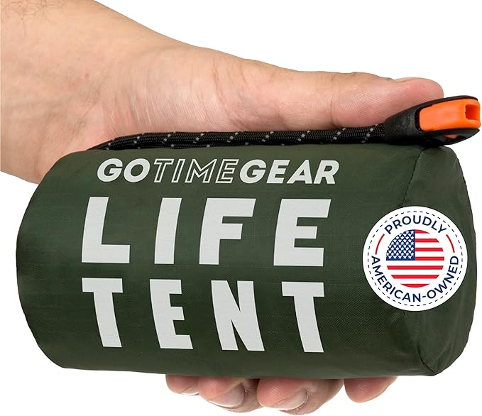 Go Time Gear Survival Life Tent • 2 Person Mylar Emergency Shelter Tube Tent + Paracord • All-Weather Protection for Camping, Hiking, & Survival Kits • Includes Emergency Whistle