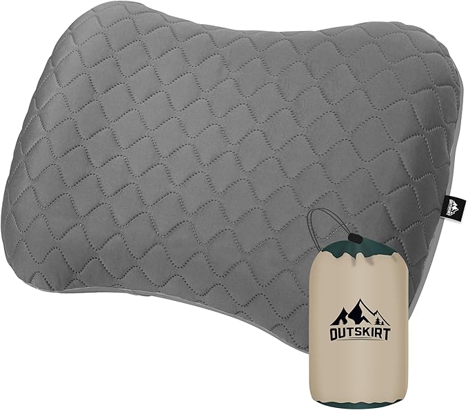 OUTSKIRT Inflatable Camping Pillow, 2-in-1 Travel Pillows for Sleeping, Ergonomic & Lightweight Small Backpacking Pillow for Travel, Hiking, Camping & Outdoor Activities, Grey